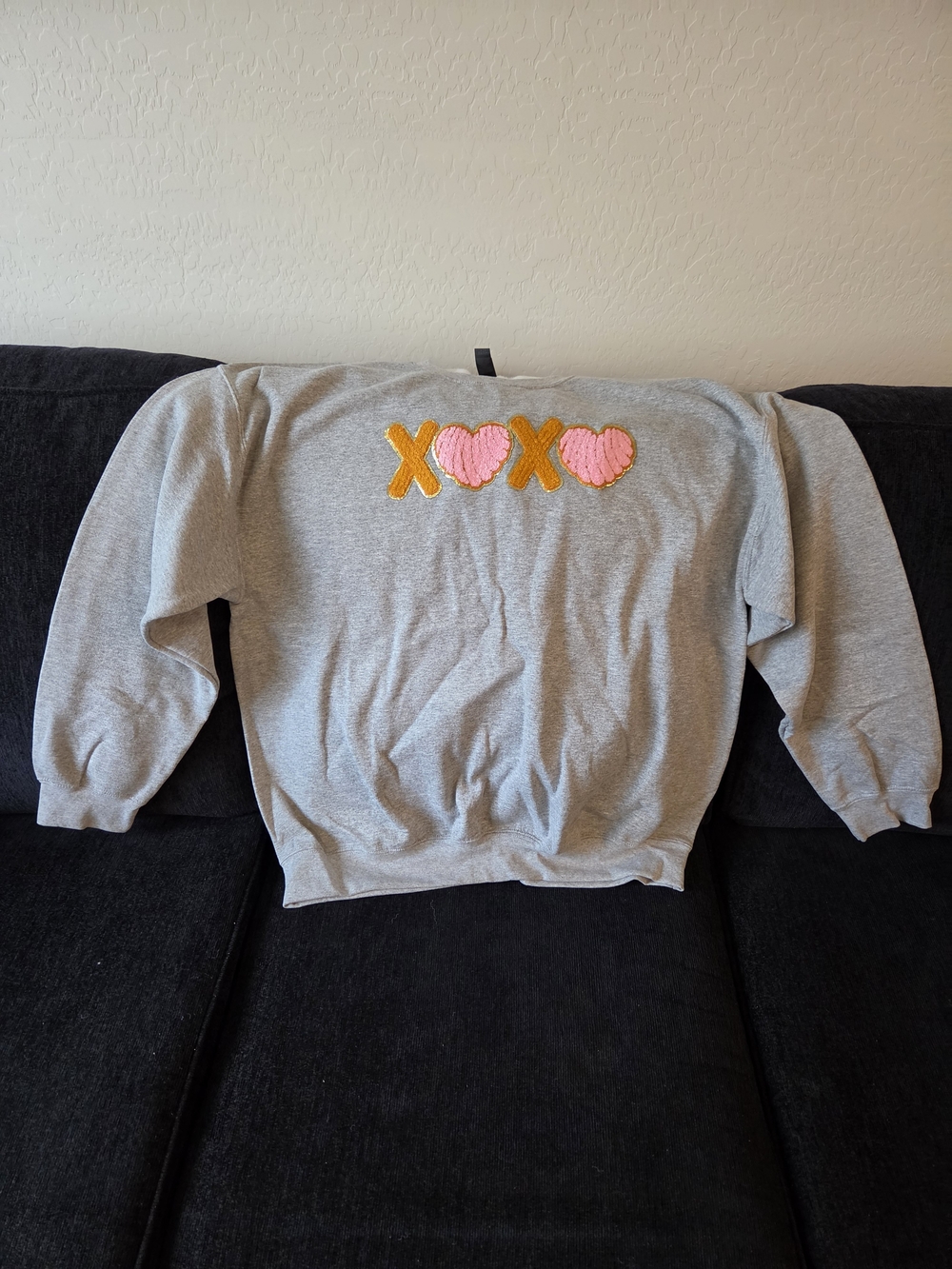 Gildan Gray Sweatshirt with Pink Hearts and Gold Xs